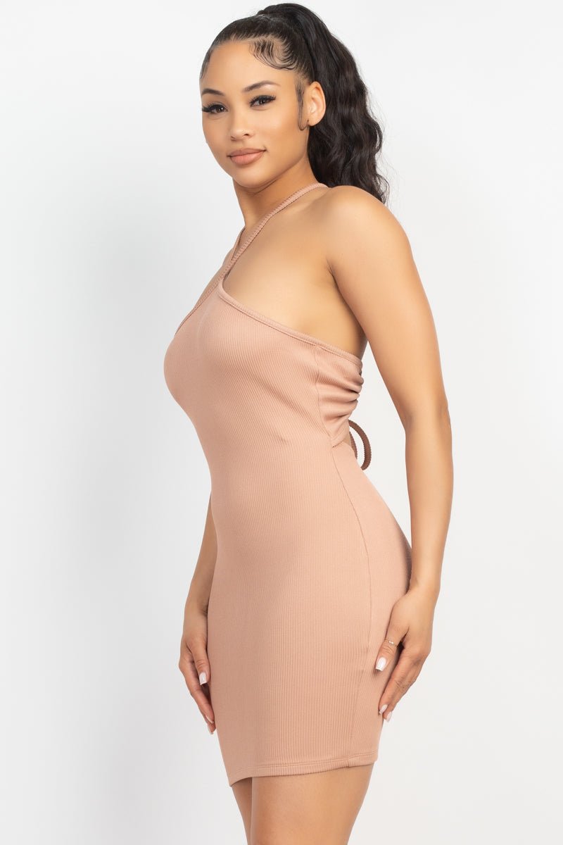 Halter Neck Ribbed Seamless Cut-out Dress - Cherry Angel