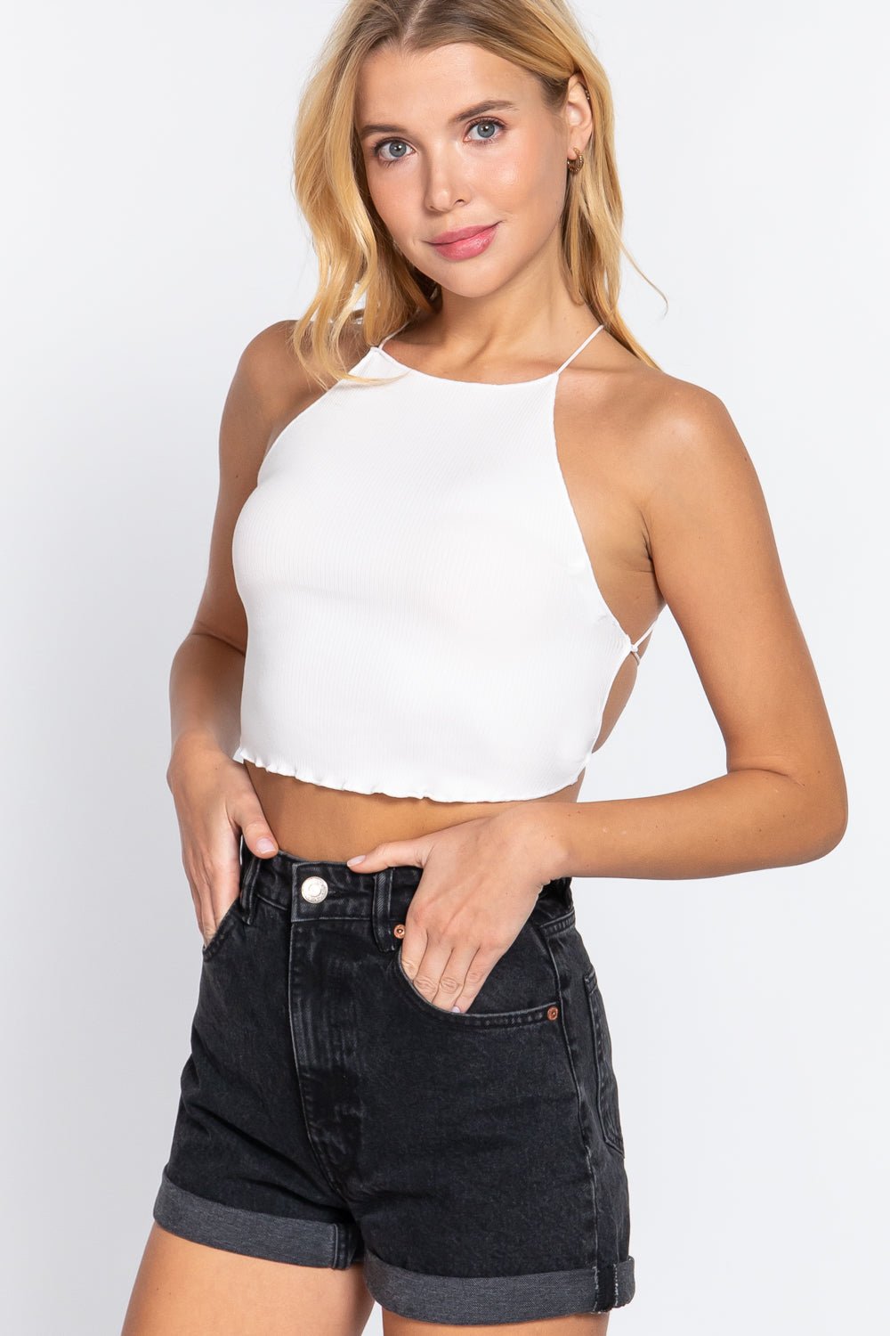 Lace Up Open Cross Back Crop Cami - Cherry Angel