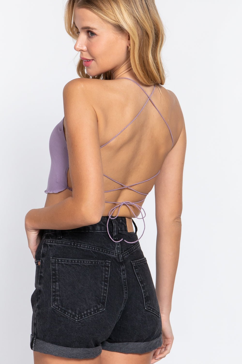 Lace Up Open Cross Back Crop Cami - Cherry Angel