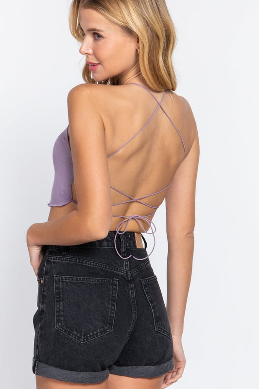 Lace Up Open Cross Back Crop Cami - Cherry Angel