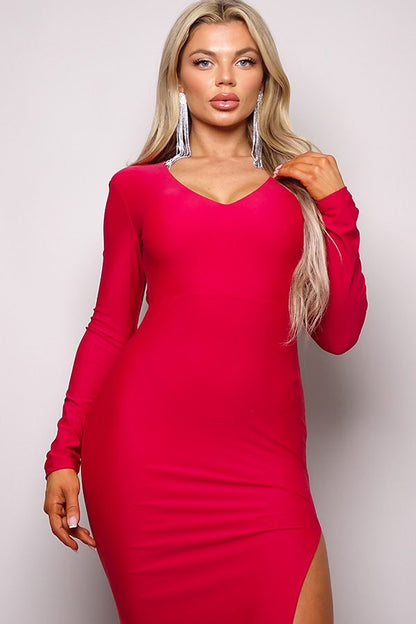 Long Sleeve V Neck Open Back Maxi Dress - Cherry Angel