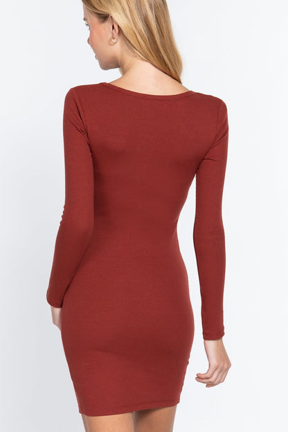 Long Slv V-neck Mini Rib Dress - Cherry Angel