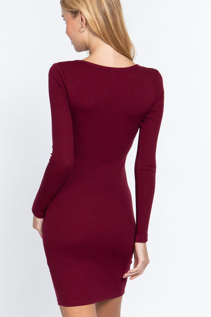 Long Slv V-neck Mini Rib Dress - Cherry Angel