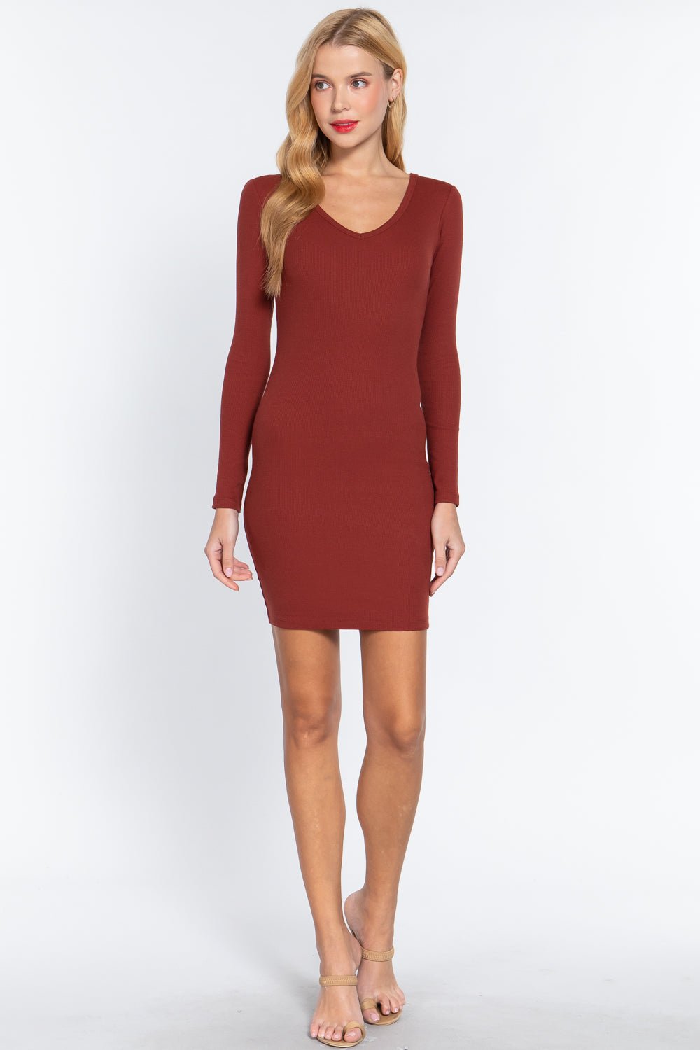 Long Slv V-neck Mini Rib Dress - Cherry Angel